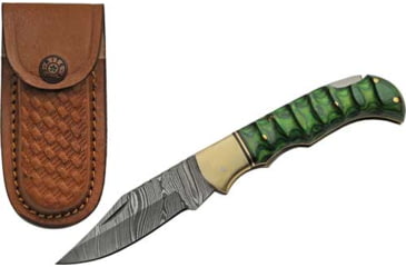 Image of Rite Edge Green Grooved Wood Damascus Folding Knife, 3in Damascus Blade, Green Grooved Wood Handle, DM1303GN