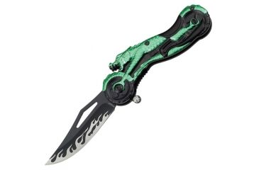 Image of Tac Force A/O Dragon Folding Knife,4.5in closed,Assisted Opening Blade,Black Alum Dragon Riding Motorcycle Shaped Handle/Green Trim TF826GN