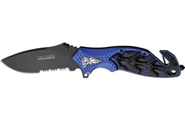 Image of Tac Force A/O Rescue Linerlock Fold Knife 4.5in, black finish SS PS blade, Sculpted Alum. handles black/blue front, black ba TF680BLB