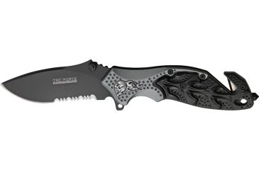 Image of Tac Force A/O Rescue Linerlock Fold Knife 4.5in, black finish SS PS blade, Sculpted Alum. handles black/gray front, black ba TF680GYB
