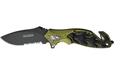 Image of Tac Force A/O Rescue Linerlock Fold Knife 4.5in, black finish SS PS blade, Sculpted Alum. handles black/green front, black b TF680GNB