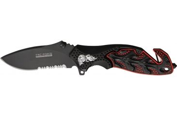 Image of Tac Force A/O Rescue Linerlock Fold Knife 4.5in, black finish SS PS blade, Sculpted Alum. handles black/red front, black ba TF680BKR
