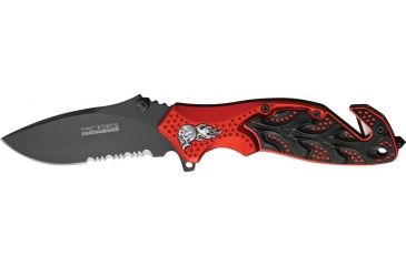 Image of Tac Force A/O Rescue Linerlock Fold Knife 4.5in, black finish SS PS blade, Sculpted Alum. handles black/red front, black ba TF680RDB
