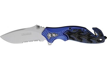 Image of Tac Force A/O Rescue Linerlock Fold Knife 4.5in, matte finish SS PS blade, Sculpted Alum. handles black/blue front, black ba TF680SBL