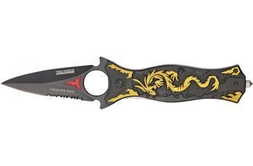 Image of Tac Force Dragon Linerlock Fold Knife, black coated HC SS dagger style blade, Gold dragon cutout TF707GD