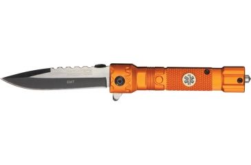 Image of Tac Force Flashlight A/O Fold Knife, two tone black and silver HC steel blade, EMT etch Handle TF703EM