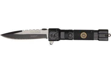 Image of Tac Force Flashlight A/O Fold Knife, two tone black and silver HC steel blade, Sheriff etch Handle TF703SH