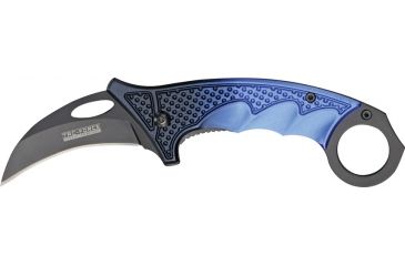 Image of Tac Force Karambit Linerlock Fold Knife 4 5/8in, black coated HC steel hawkbill blade, Fingergrooved two tone black and blue Alum. handle TF596BL
