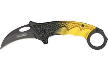 Image of Tac Force Karambit Linerlock Fold Knife 4 5/8in, black coated HC steel hawkbill blade, Fingergrooved two tone black and gold Alum. handle TF596YL