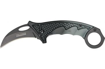 Image of Tac Force Karambit Linerlock Fold Knife 4 5/8in, black coated HC steel hawkbill blade, Fingergrooved two tone black and gun metal gray Al TF596GY