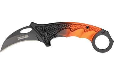 Image of Tac Force Karambit Linerlock Fold Knife 4 5/8in, black coated HC steel hawkbill blade, Fingergrooved two tone black and orange Alum. hand TF596OR