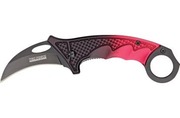 Image of Tac Force Karambit Linerlock Fold Knife 4 5/8in, black coated HC steel hawkbill blade, Fingergrooved two tone black and red Alum. handle TF596RD