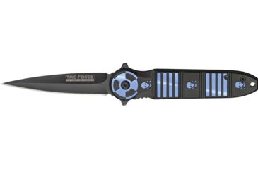 Image of Tac Force Linerlock Speed Fold Knife 4.5in, black finish SS blade, Front handle has blue Alum. stripes and skulls tri TF694BL