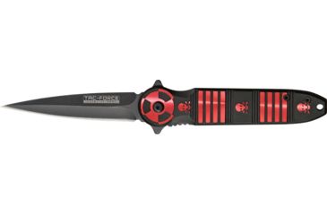 Image of Tac Force Linerlock Speed Fold Knife 4.5in, black finish SS blade, Front handle has red Alum. stripes and skulls trim TF694RD