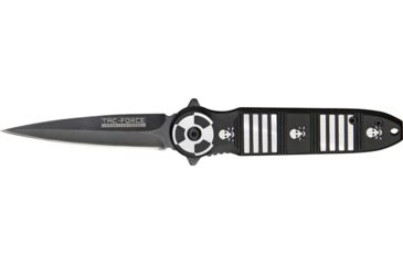 Image of Tac Force Linerlock Speed Fold Knife 4.5in, black finish SS blade, Front handle has silver Alum. stripes and skulls t TF694BK