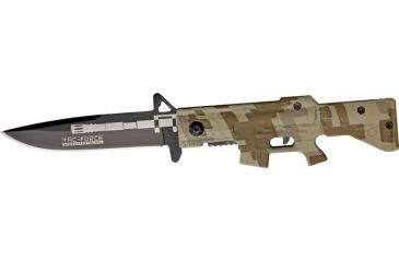 Image of Tac Force M-16 Speed A/O Fold Knife, black SS blade, Compo. desert tan Camo handles in shape of M-16 TF741DM
