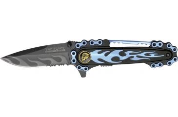 Image of Tac Force Motorcycle Lock Fold Knife, black SS PS blade, blue flames and chain overlay trim TF628BL