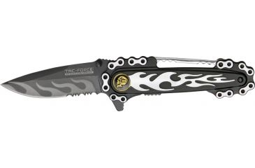 Image of Tac Force Motorcycle Lock Fold Knife, black SS PS blade, gray flames and chain overlay trim TF628GY