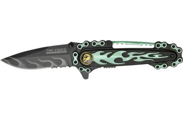 Image of Tac Force Motorcycle Lock Fold Knife, black SS PS blade, green flames and chain overlay trim TF628GN