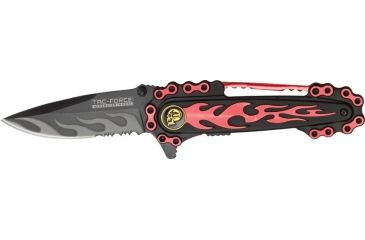 Image of Tac Force Motorcycle Lock Fold Knife, black SS PS blade, red flames and chain overlay trim TF628RD