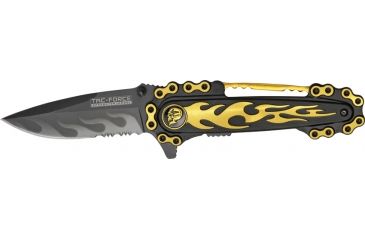 Image of Tac Force Motorcycle Lock Fold Knife, black SS PS blade, yellow flames and chain overlay TF628YL