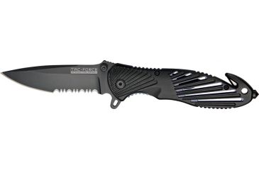 Image of Tac Force Rescue A/O Lock Fold Knife 3 3/8in., black coated, HC steel, A/O, PS blade, Black anodized Alum. handle TF702BKB