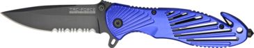 Image of Tac Force Rescue A/O Lock Fold Knife 3 3/8in., black coated, HC steel, A/O, PS blade, Electric blue anodized Alum. handle TF702BL