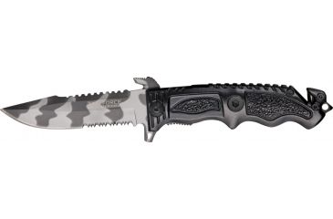 Image of Tac Force Rescue A/O Lock Fold Knife, 3 7/8, urban camo HC steel A/O PS blade w/ sawback, Black fingergrooved anodized Alum. handl TF711UC