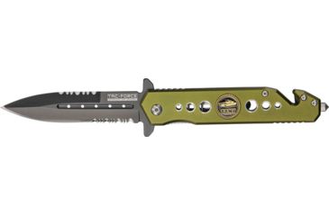 Image of Tac Force Rescue Fold Knife, black HC SS A/O PS Dagger, Alum. handles w/ drilled hole design TF716AR