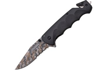 Image of TAC Force Rescue Linerlock A/O Folding Knife,3.5in Clip Point,Partially Serrated, Stainless Steel,Black Aluminum Handle TF499LC