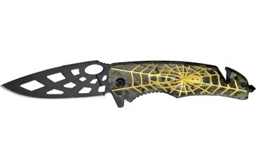 Image of Tac Force Rescue Linerlock Fold Knife, black coated SS blade, green anodized spider and web Handle TF643GD