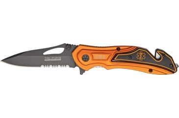 Image of Tac Force Rescue Lock A/O Fold Knife 4.50in., black HC steel A/O blade, Bright orange anodized Alum. handle TF696EM