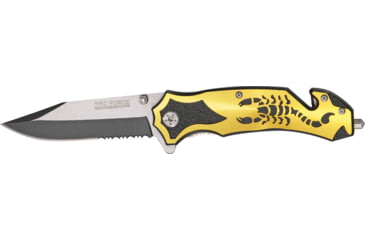 Image of Tac Force Rescue Lock A/O Fold Knife 4.50in., PS black SS A/O clip blade, Back handle has gold Alum. onlay TF692GD