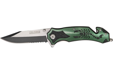 Image of Tac Force Rescue Lock A/O Fold Knife 4.50in., PS black SS A/O clip blade, Back handle has green Alum. onlay TF692GN