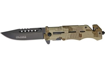 Image of Tac Force Rescue Lock A/O Fold Knife 4 7/8in., black HC steel A/O blade, Grooved desert tan Digi camo Alum. handle TF739DM
