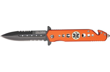 Image of Tac Force Rescue Lock Fold Lock 4.75in., black HC SS A/O PS Dagger, Orange anodized handles w/ EMT logo inlay shield. TF716EM