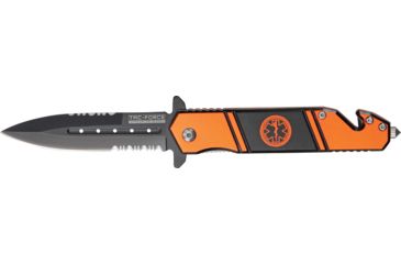 Image of Tac Force Rescue Lock Fold Lock 4.75in., black HC SS A/O PS Dagger, Orange handles w/ EMT logo. TF717EM