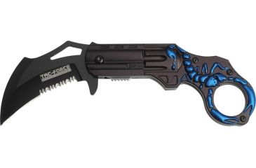 Image of Tac Force Speed Assist Fold Knife 4.50in, black SS PS hawkbill blade, Revolver shaped black Alum. handle TF752BL
