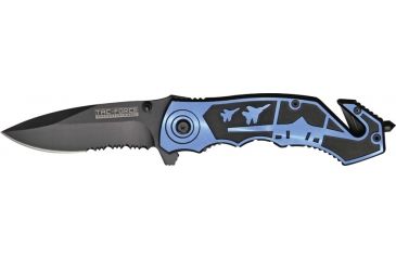 Image of Tac Force Speed Assist Fold Knife 4.50in, partially serrrated black A/O SS blade, handle has blue Alum. trim w/ airplane CO TF671BL