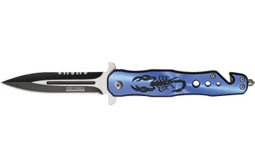 Image of Tac Force Speed Assist Fold Knife 4.50in, SS A/O blade w/ dual Ext. tang, Black Alum. handles w/ blue Alum. overlay w/ scorpion TF664BL
