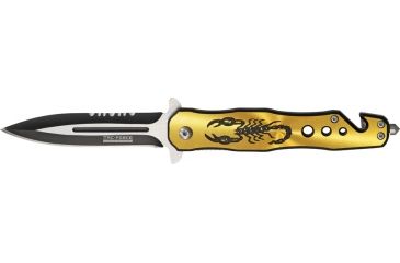 Image of Tac Force Speed Assist Fold Knife 4.50in, SS A/O blade w/ dual Ext. tang, Black Alum. handles w/ gold Alum. overlay w/ scorpion TF664Y
