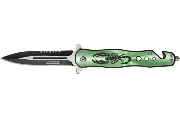 Image of Tac Force Speed Assist Fold Knife 4.50in, SS A/O blade w/ dual Ext. tang, Black Alum. handles w/ green Alum. overlay w/ scorpion TF664GN