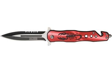 Image of Tac Force Speed Assist Fold Knife 4.50in, SS A/O blade w/ dual Ext. tang, Black Alum. handles w/ red Alum. overlay w/ scorpion TF664RD