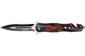 Image of Tac Force Speed Assist Fold Knife 4.50in, SS A/O blade w/ dual Ext. tang, Red Alum. handles w/ black Alum. overlay w/ scorpion TF664BR