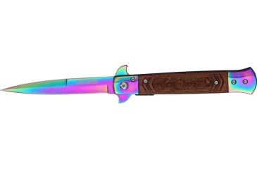 Image of Tac Force Speed Assist Fold Knife 5in, rainbow SS A/O blade, Brown wood handles w/ decorative carved dragon TF609DRR