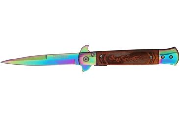 Image of Tac Force Speed Assist Fold Knife 5in, rainbow SS A/O blade, Brown wood handles w/ decorative carved flame TF609FLR