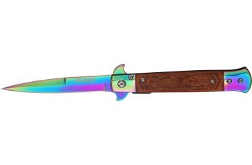 Image of Tac Force Speed Assist Fold Knife 5in, rainbow SS A/O blade, Brown wood handles w/ decorative carved spider TF609SPR