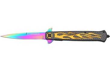 Image of Tac Force Speed Assist Fold Knife 5in, rainbow SS A/O blade, handle has orange flame Alum. trim TF647OR