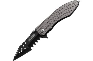 Image of Tac Force Speed Assist Shark Fold Knife, 440 SS A/O blade w/ large tooth serrations, Black blade. Gray handle TF729GY
