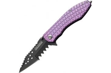 Image of Tac Force Speed Assist Shark Fold Knife, 440 SS A/O blade w/ large tooth serrations, Black blade. Purple handle TF729PU